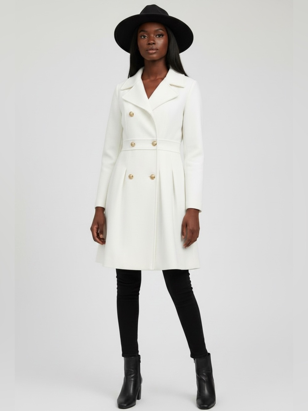 Double-Breasted Cream Fit-and-Flare Coat